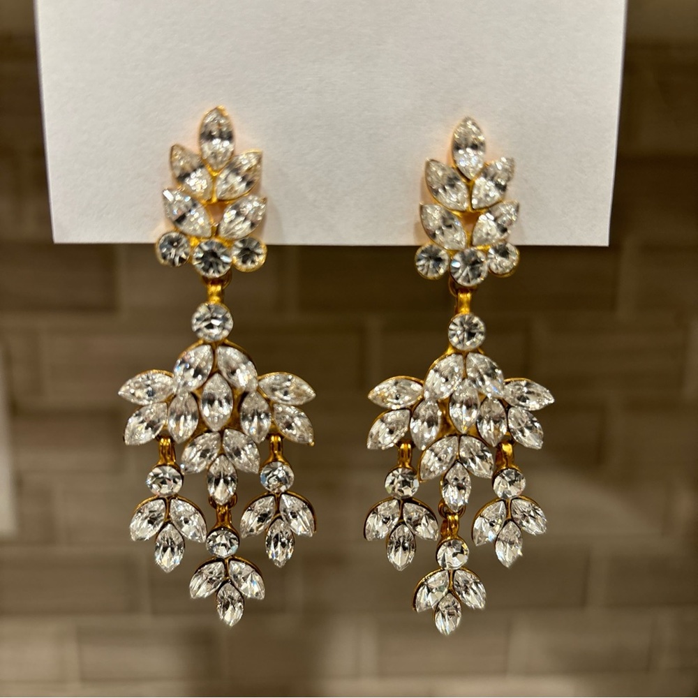 HAUTE COUTURE SIMAN TU LONG FLOWER CRYSTAL EVENING CHANDELIER EARRINGS  CLIP ONS